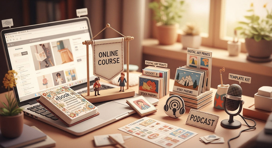 Digital products for passive income including online courses, e-books, templates, and audio products for automated online sales