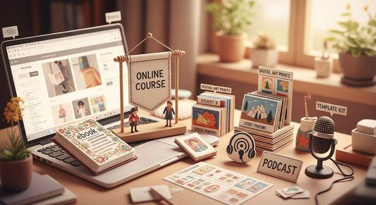 Digital products for passive income including online courses, e-books, templates, and audio products for automated online sales