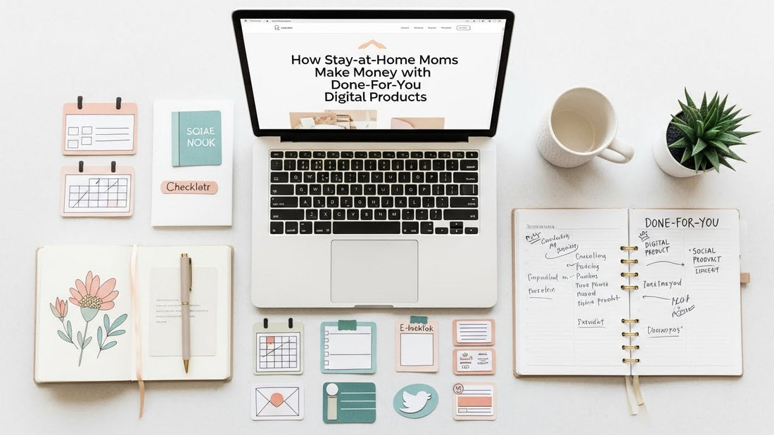 Stay-at-home mom working on laptop selling DFY digital products from home