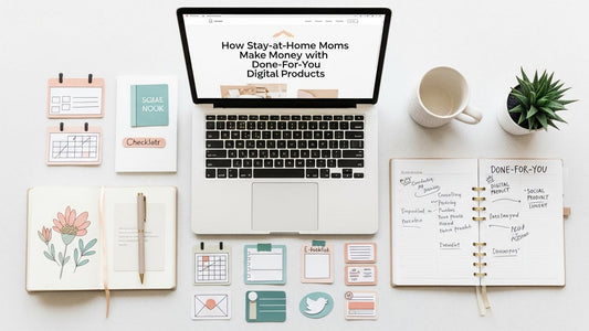 Stay-at-home mom working on laptop selling DFY digital products from home