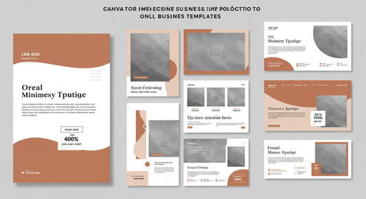 Flat lay of a laptop screen displaying Canva templates for social media, brochures, and branding kits—perfect for small business marketing.