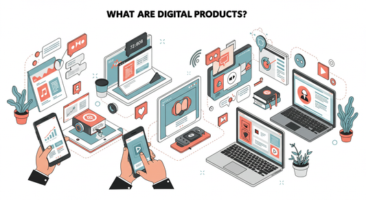 Infographic showing types of digital products like ebooks, courses, templates, and software in 2025