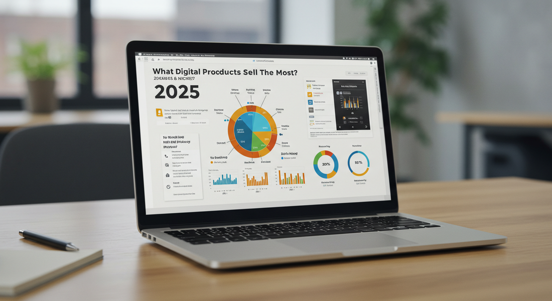 Illustration showing top-selling digital products in 2025 including templates, PLR eBooks, AI tools, and online courses