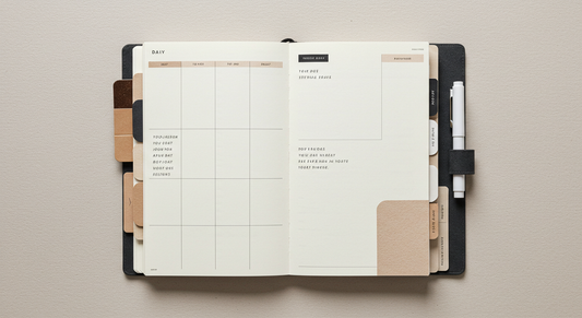 Flat lay of modern 2025 planners, notebooks, and digital tablets used for productivity and time management