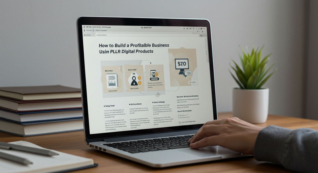 Illustration of PLR digital products like ebooks, planners, and templates on a laptop screen – Beginner’s guide to reselling in 2025
