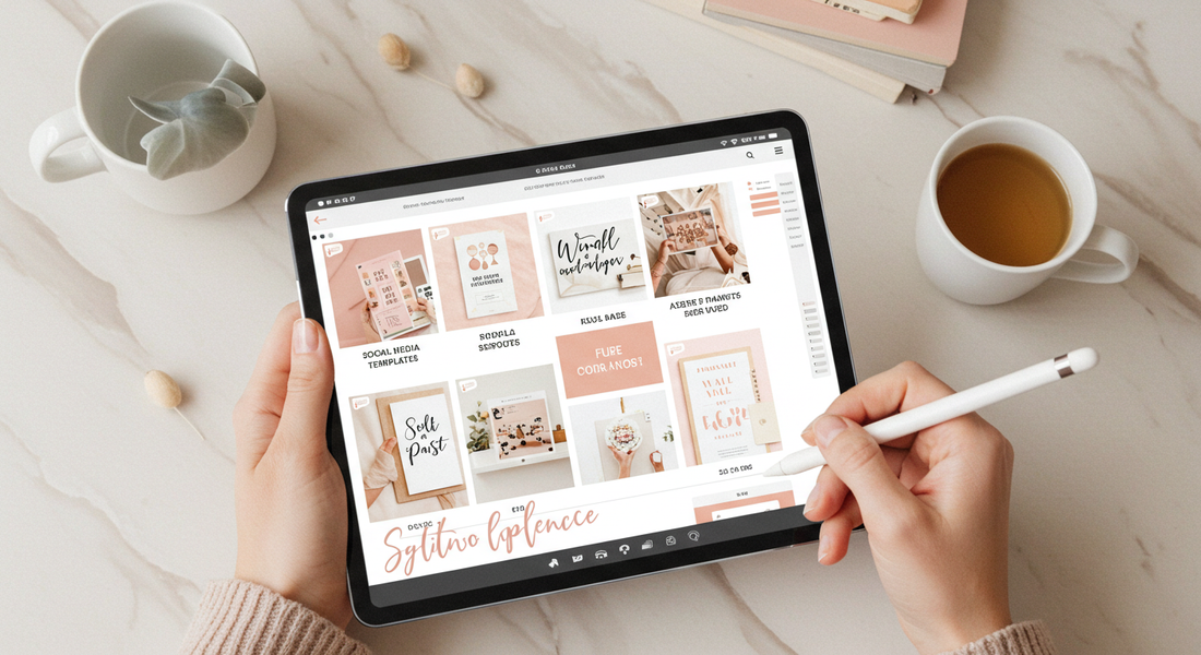 Flat lay of laptop, notebook, and digital product mockups — representing beginner-friendly digital products to sell online