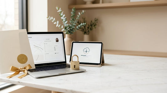 Laptop with a license certificate and gold padlock showing how to add a license to digital downloads