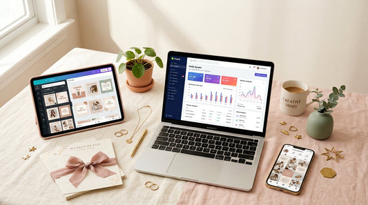 Content creator's desk flat lay with laptop, tablet, and phone displaying digital products like templates and planners for sale in 2026