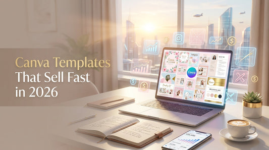 Canva templates that sell fast in 2026 workspace with laptop showing digital planners and social media designs for Etsy business