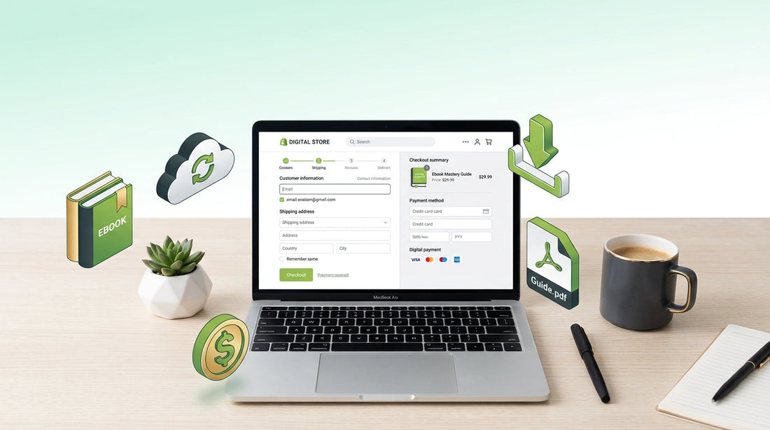 Selling digital products on Shopify guide with laptop, checkout screen, and digital download icons