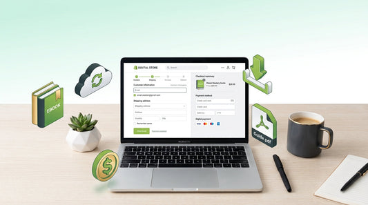 Selling digital products on Shopify guide with laptop, checkout screen, and digital download icons