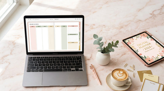 Flat lay of a premium digital planner mockup on laptop and tablet screens, styled with coffee, pen, and gold accents for a blog on designing high-converting digital products