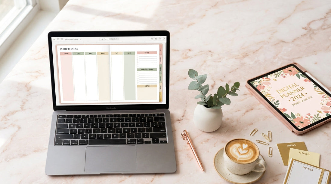 Flat lay of a premium digital planner mockup on laptop and tablet screens, styled with coffee, pen, and gold accents for a blog on designing high-converting digital products