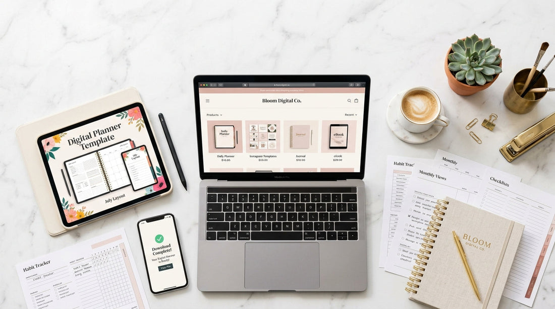 Laptop and tablet displaying a Shopify digital products store with planner templates and download notifications