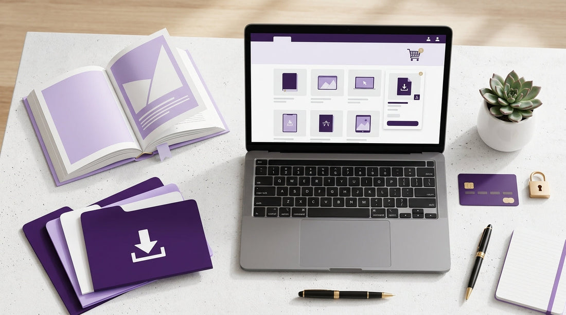 Laptop displaying an online store checkout with digital download icons, representing how to sell digital products with WooCommerce