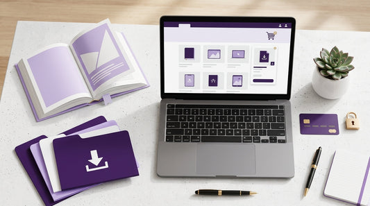 Laptop displaying an online store checkout with digital download icons, representing how to sell digital products with WooCommerce