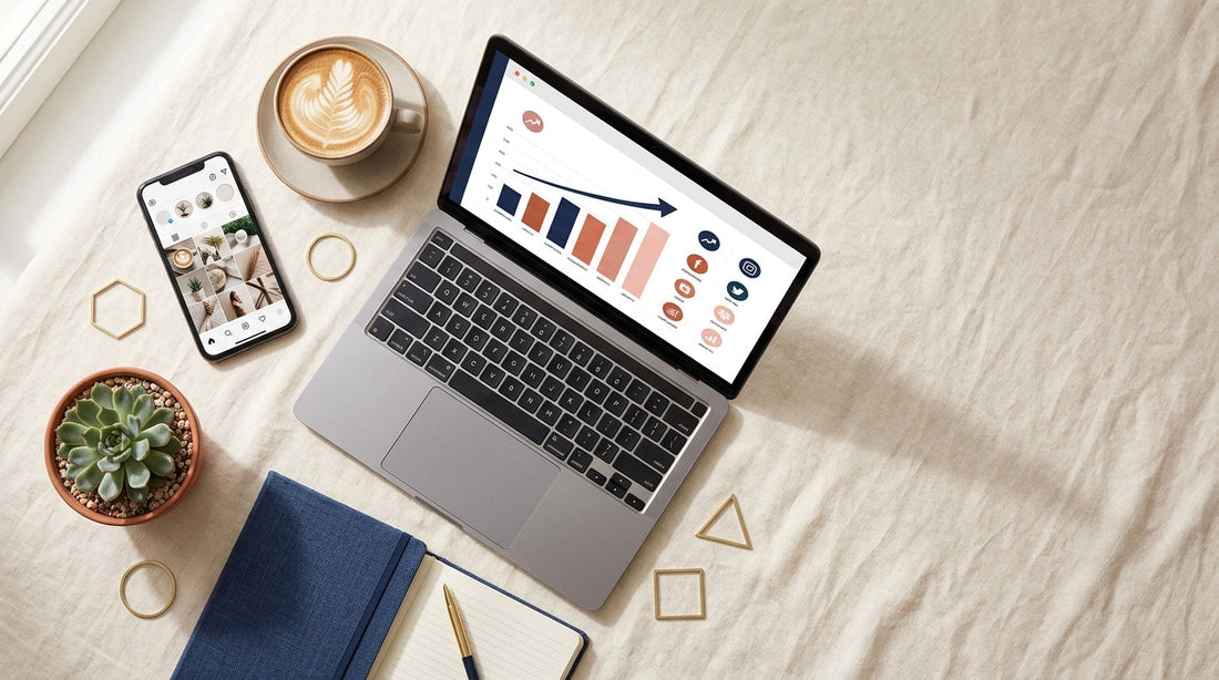 Small business owner reviewing a digital marketing dashboard on a laptop surrounded by notebook, coffee, and social media icons