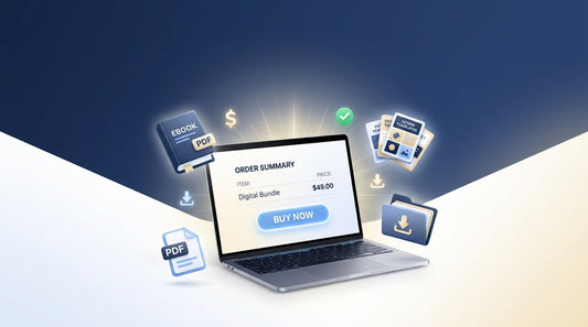 Premium digital illustration showing a laptop checkout screen with PayPal payment icons, ebook and download symbols, representing selling digital products online