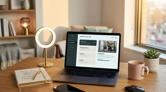 Premium workspace flat-lay representing an online masterclass creation process, with laptop, notebook, and soft studio lighting