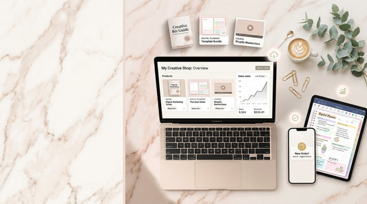 Laptop showing an online store dashboard with an ebook, digital planner and course, illustrating the best services to sell digital products online