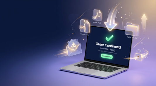 Automated digital product delivery concept showing instant checkout confirmation and secure download on laptop screen