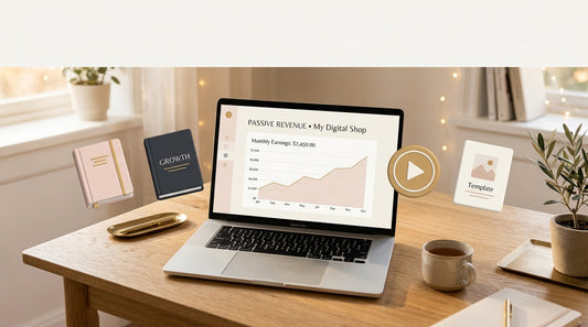 Digital products for passive income — laptop dashboard with planner, ebook, and course icons representing online income streams