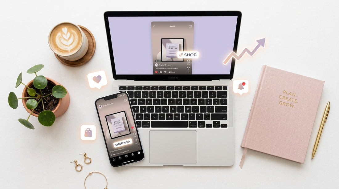 Flat-lay of laptop and phone showing social media shop tags, representing how to market digital products on social media
