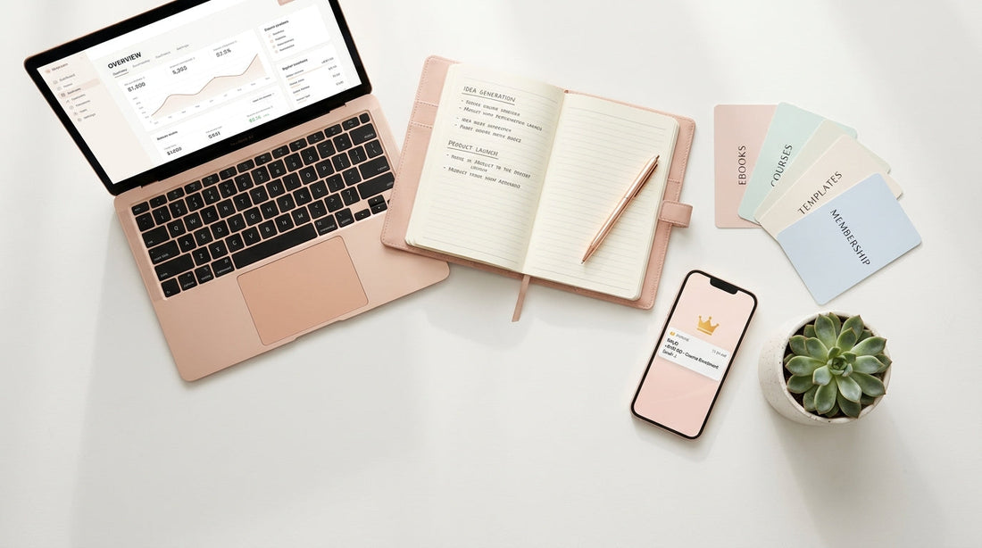 A flat lay of a laptop, notebook, smartphone and stationery on a white desk representing digital products to sell online
