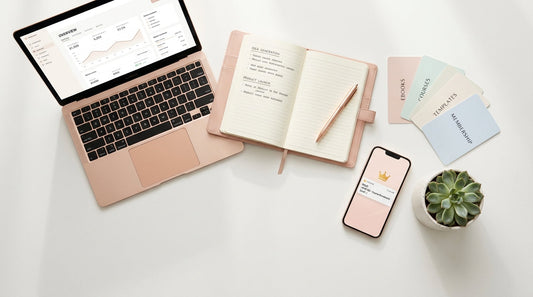 A flat lay of a laptop, notebook, smartphone and stationery on a white desk representing digital products to sell online