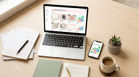 Small business owner planning digital products on a laptop with templates and planners on a desk