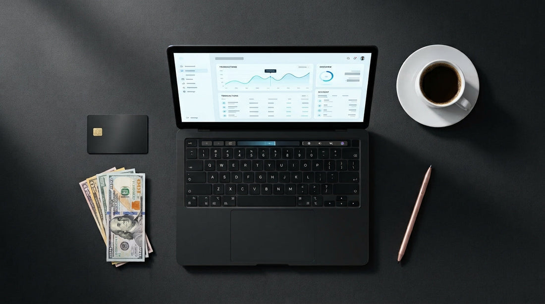 Flat lay of a laptop showing a payment dashboard, credit card, USD and AUD banknotes and a coffee cup on a charcoal surface representing the best payment processors for digital products