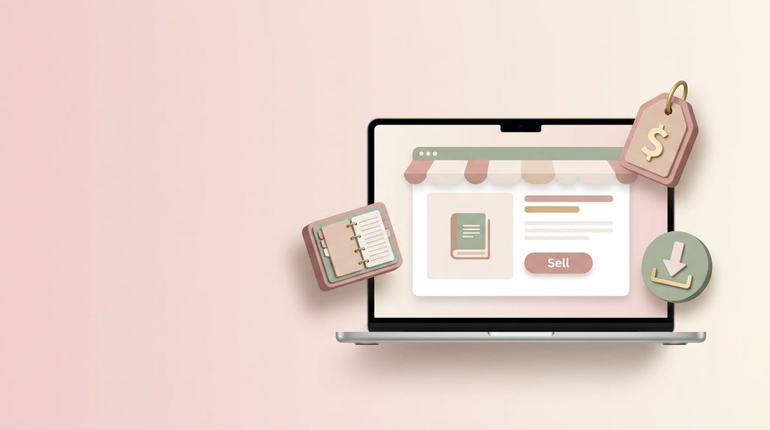 Laptop displaying a digital product storefront with icons for ebooks, planners, and pricing, representing how to sell digital products on Gumroad