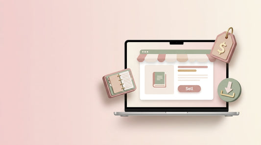 Laptop displaying a digital product storefront with icons for ebooks, planners, and pricing, representing how to sell digital products on Gumroad