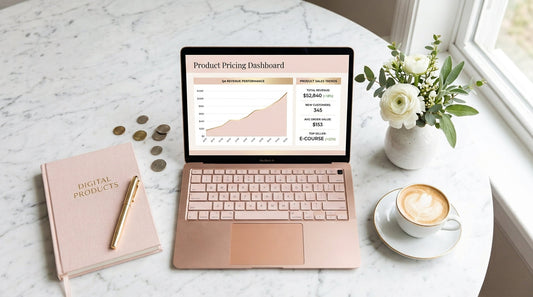 Flat lay of a laptop showing a digital product pricing dashboard  with rising profit charts, surrounded by a gold pen, notebook,  and coffee on a marble desk — illustrating how to price digital  products for maximum profit