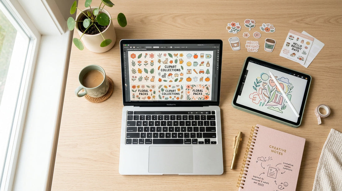 Flat-lay workspace with laptop displaying colorful clipart designs, representing a digital download and clipart business
