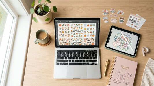 Flat-lay workspace with laptop displaying colorful clipart designs, representing a digital download and clipart business