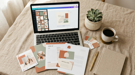 Flat-lay workspace with laptop showing colorful Canva template thumbnails, printed mockups, and design tools for creating templates to sell