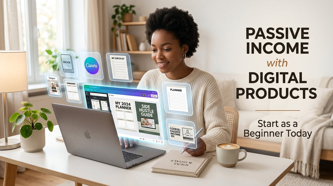 Beginner creating digital products on laptop for passive income online business