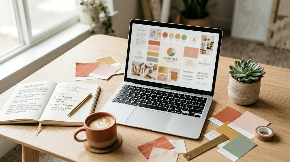 Laptop showing a brand moodboard with logo sketches and color swatches, representing the Ultimate Branding Course curriculum