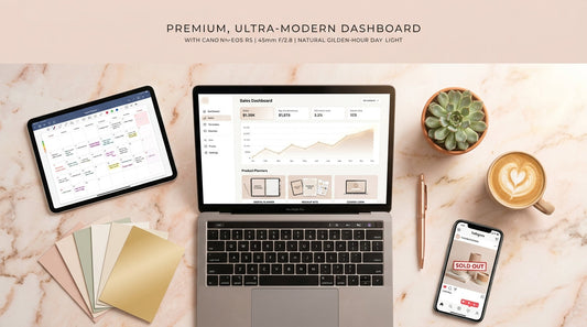 Flat lay of laptop, tablet, and templates showing digital product marketing strategy