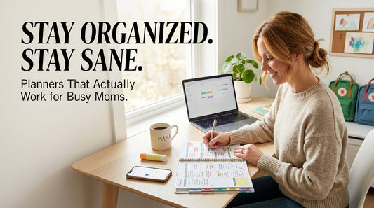 Busy mom using a planner to organize home, kids schedules, and work tasks in a cozy home office setup