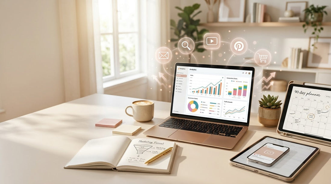 Digital marketing strategy workspace with laptop analytics dashboard, digital planner on iPad and online marketing icons for selling digital products
