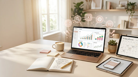 Digital marketing strategy workspace with laptop analytics dashboard, digital planner on iPad and online marketing icons for selling digital products