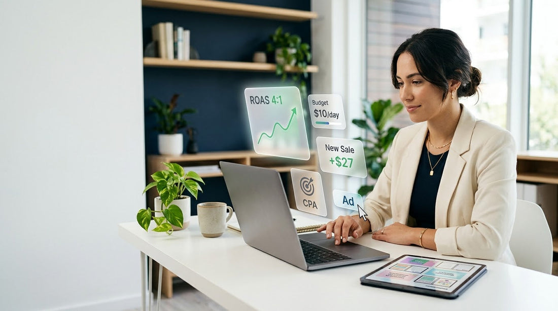Female entrepreneur reviewing online advertising results for digital products on a laptop, with ROAS, CPA and ad budget graphics