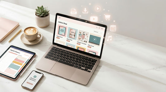 Laptop on a marble desk showing an online store of digital products, including ebooks, planners and templates, with download icons floating from the screen