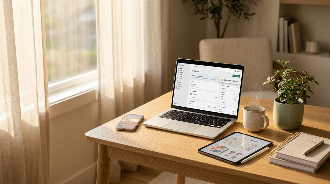 Home workspace with laptop showing a new online sale, illustrating passive income from digital products