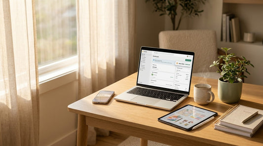 Home workspace with laptop showing a new online sale, illustrating passive income from digital products