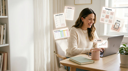 Beginner creating digital products like planners, checklists and templates on a laptop in a bright home office