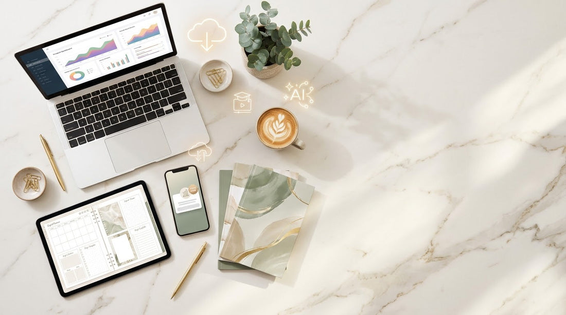 Laptop showing digital product sales charts, planner templates on a tablet and ebooks on a marble desk, representing the most profitable digital products for passive income in 2026