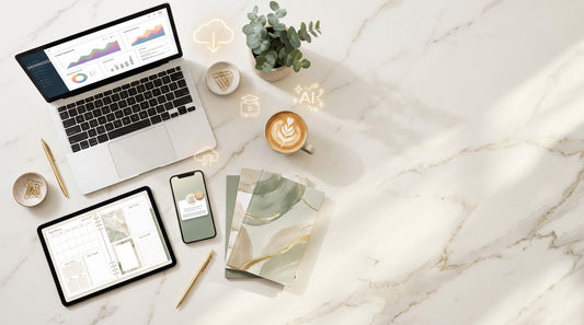 Laptop showing digital product sales charts, planner templates on a tablet and ebooks on a marble desk, representing the most profitable digital products for passive income in 2026